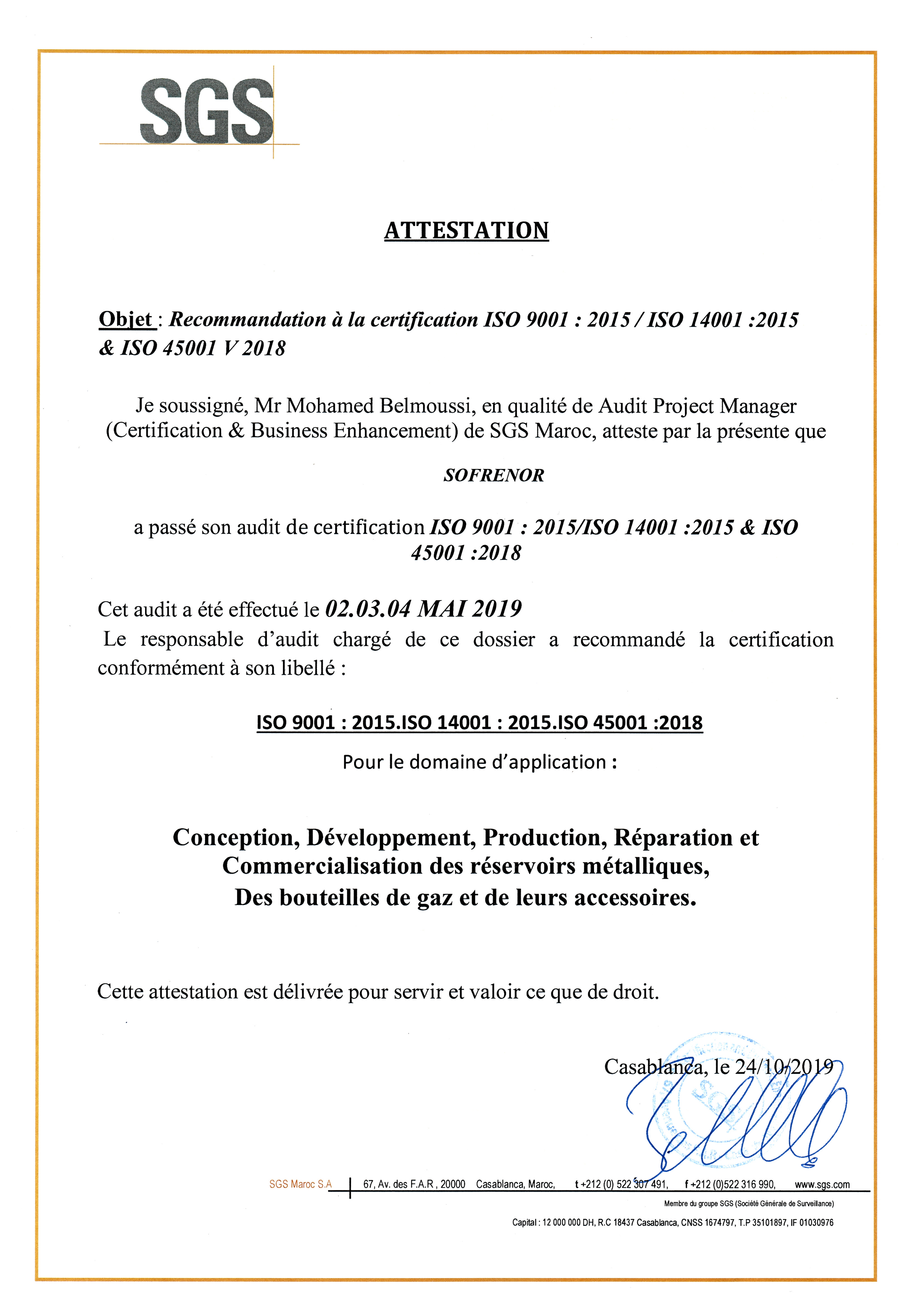 Certificat ISO 9001,ISO 14001 et ISO 45001